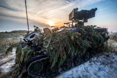 Mit Zweigen eines Nadelbaumes getarnter Panzer der Bundeswehr im Gelände.