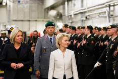 Together with her Dutch counterpart Jeanine Hennis-Plasschaert, Ursula von der Leyen, German Minister of Defence, inspects a row of Navy soldiers on a ship