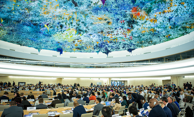 Blick in den Menschenrechtssaal im Palais des Nations in Genf