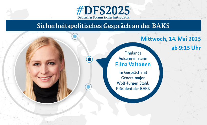 Die Grafik kündigt das Sicherheitspolitische Gespräch mit Termin und einem Porträt Elina Valtonens an.